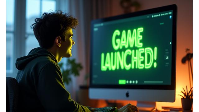Tek kişilik bir indie geliştiricinin oyununu Steam'de yayınlarken neşeli ifadesi, bilgisayar ekranında oyun logosu