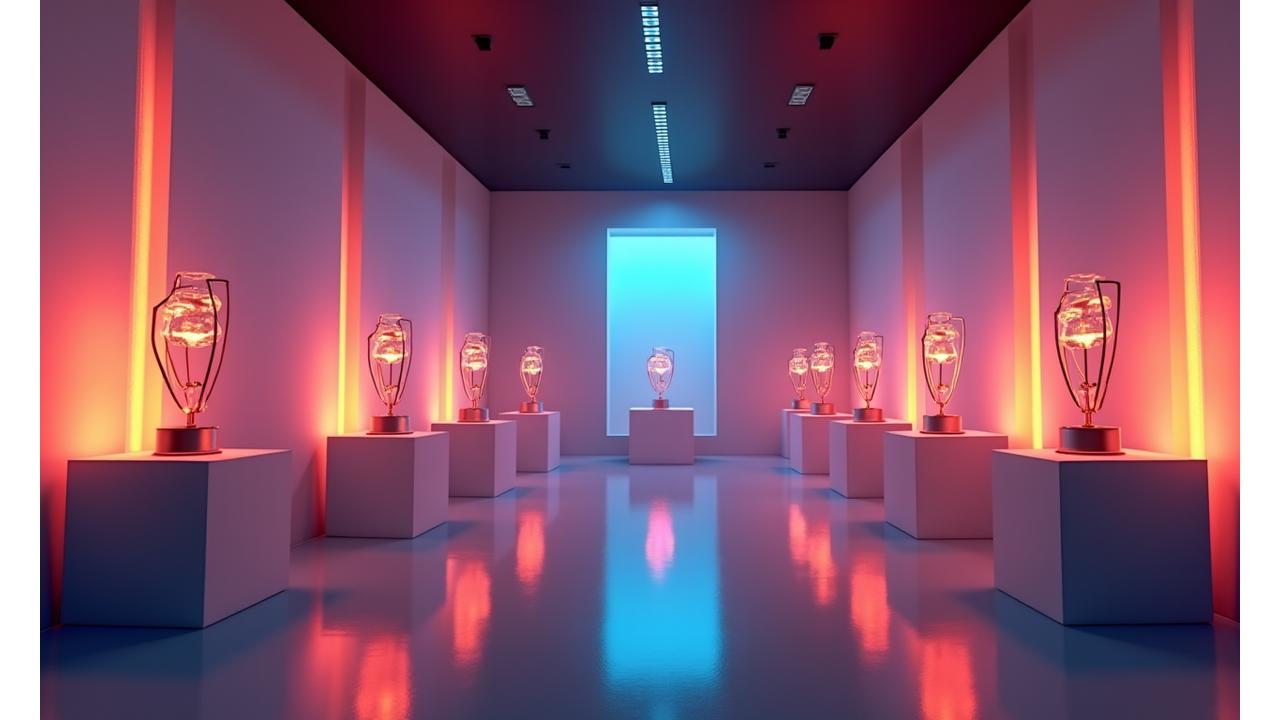 Hazar Oyun'un aldığı ödüller, sertifikalar ve başarı tablolarını içeren, şeffaf cam bir vitrinde sergilenmiş bir galeri görünümü. Highlight'lar ve neon ışıklarıyla modern bir sergi alanı.