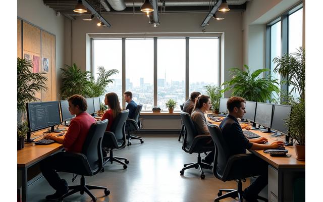 Hazar Oyun'un modern ve minimalist tasarımlı, canlı bitkiler ve doğal ışıkla dolu çalışma alanı. Çalışanlar masalarında gülümseyerek işbirliği içinde çalışıyor, enerjik bir atmosfer var.