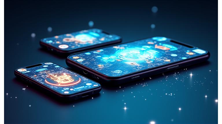 Mobil cihazlarda gösterilen oyun arayüzü maketleri, ekranda indirme istatistikleri.