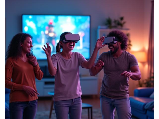 VR oyun oynayan bir grup arkadaş, eğlenceli ve aksiyon dolu bir sahne.