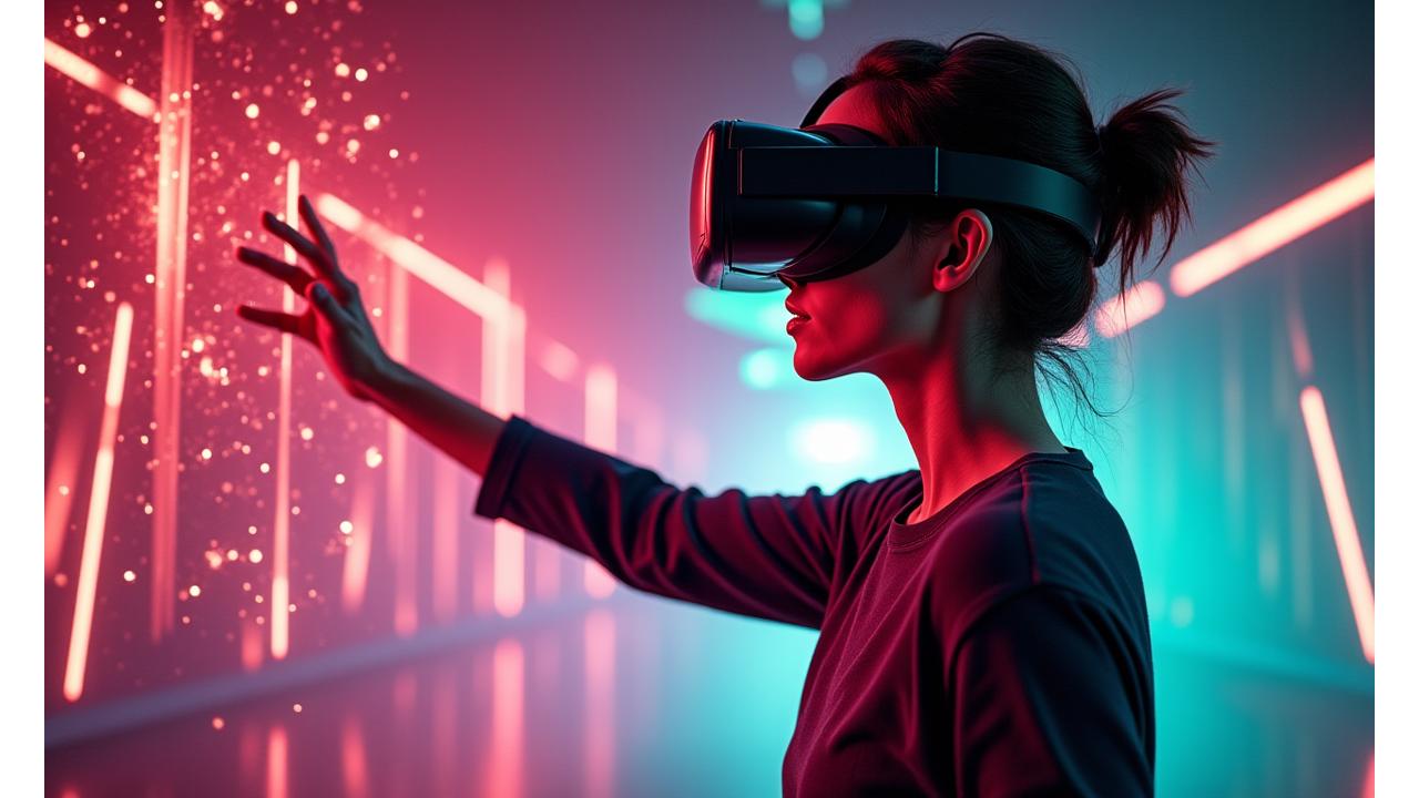 VR gözlük takmış, sanal gerçeklik dünyasına dalmış bir kişi, etrafında holografik oyun dünyası unsurları. Hazar Oyun'un sanal gerçeklik oyun geliştirme uzmanlığını anlatan bir görsel.