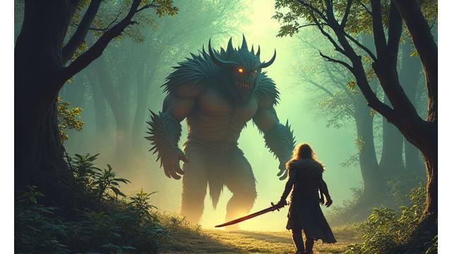Fantastik bir dünyada geçen aksiyon RPG oyunundan etkileyici bir ekran görüntüsü, kahraman ve canavar