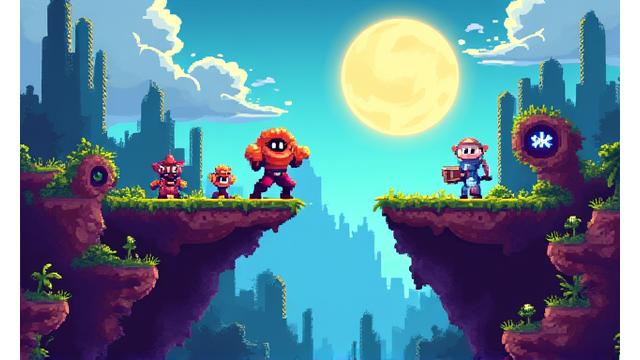 Retro piksel sanat stilinde 2D bir platformer oyununun ekran görüntüsü, kahraman ve düşmanlar